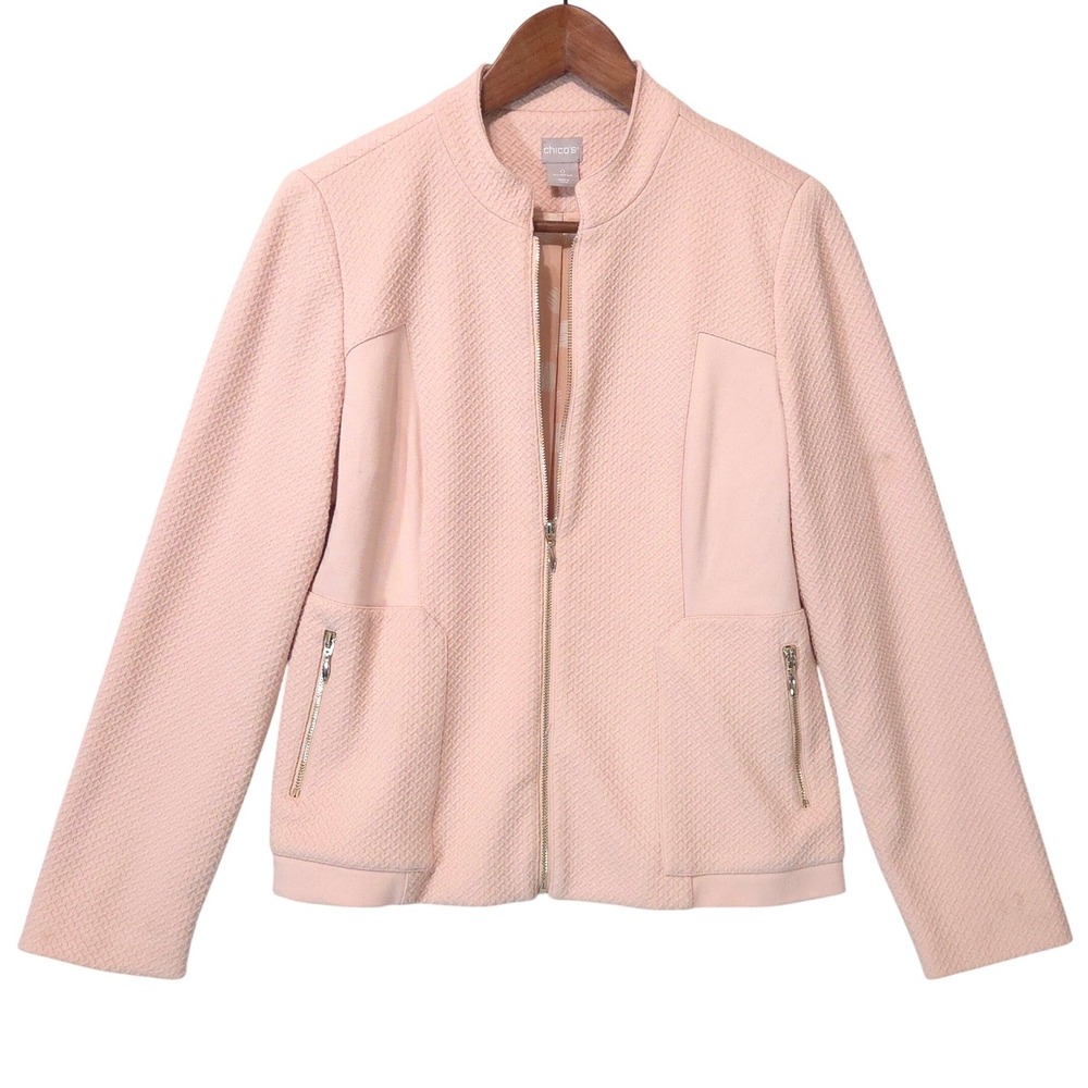 Chicos Textured Chevron Full Zip Jacket Sz 0 US 4/6 Peach Pink Coquette Preppy